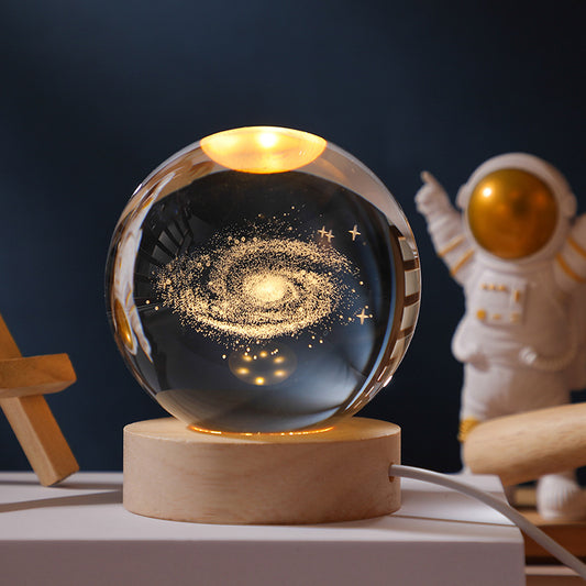 3D Solar System Crystal Ball Night Light Cosmic Theme LED Decoration with Wooden Base