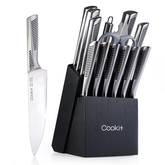 5-Piece Kitchen Knife Set with Block, Non-Slip German Stainless Steel Cutlery, Scissors, and Sharpener Included (Not Available on Amazon) - Luxitt
