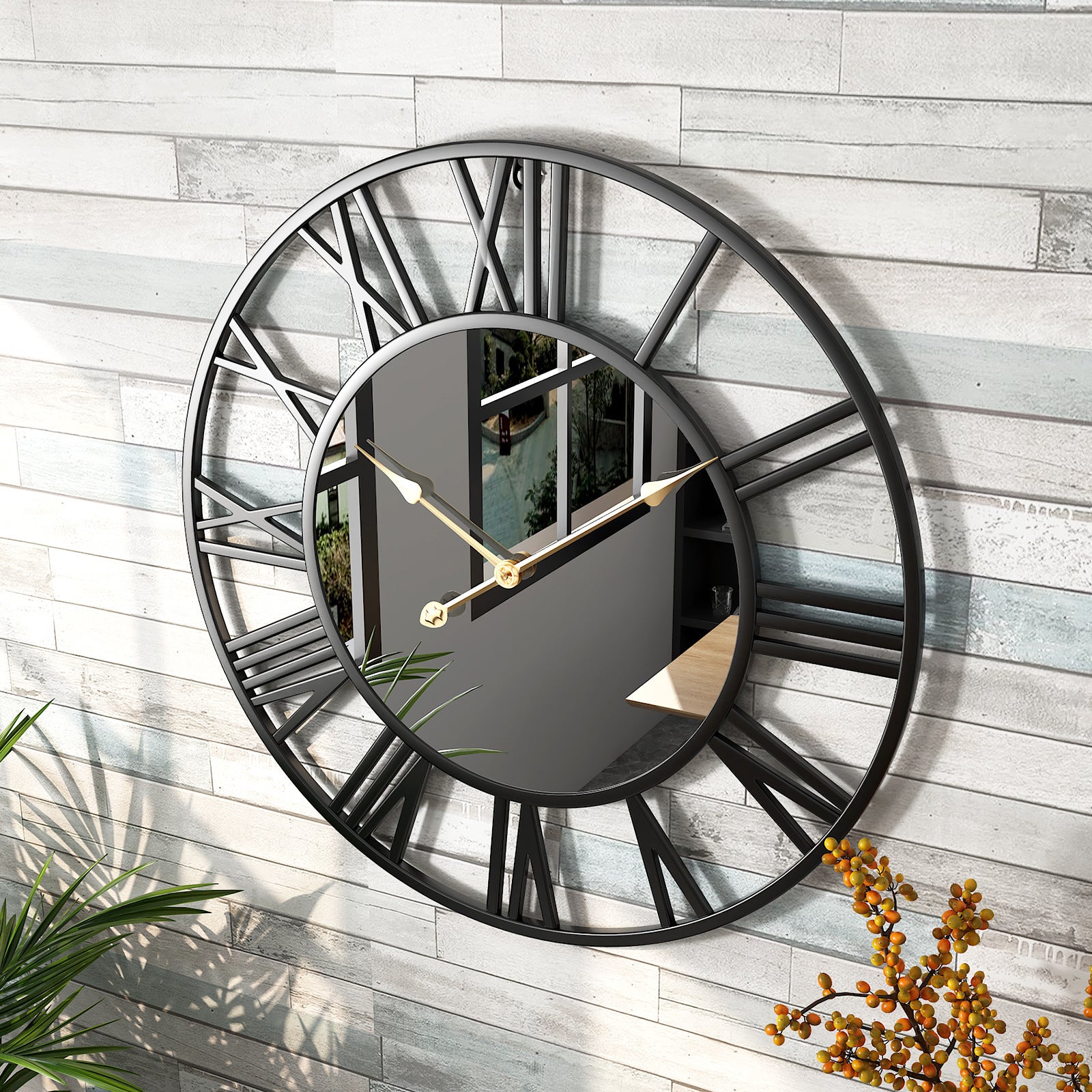 Stylish Round Wrought Iron Mirror Clock Wall Clock with a Reflective Twist - Luxitt