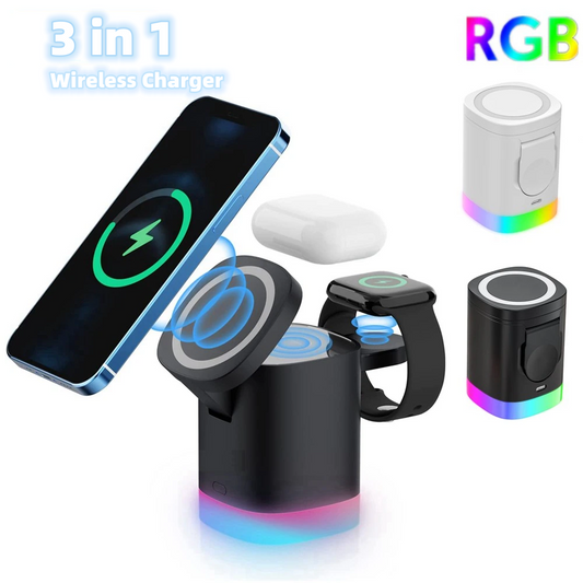 3 In 1 Magnetic Wireless Fast Charger For Smart Phone RGB Ambient Light Charging Station For Airpods IWatch - Luxitt