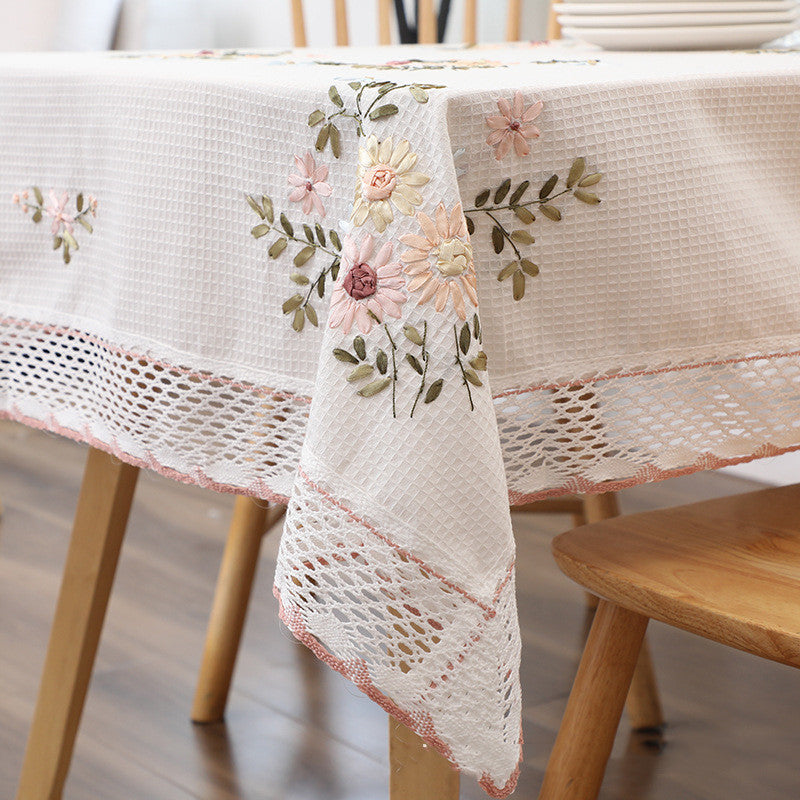 Countryside Handmade Pure White Cotton Tablecloth Elegant Embroidery - Luxitt